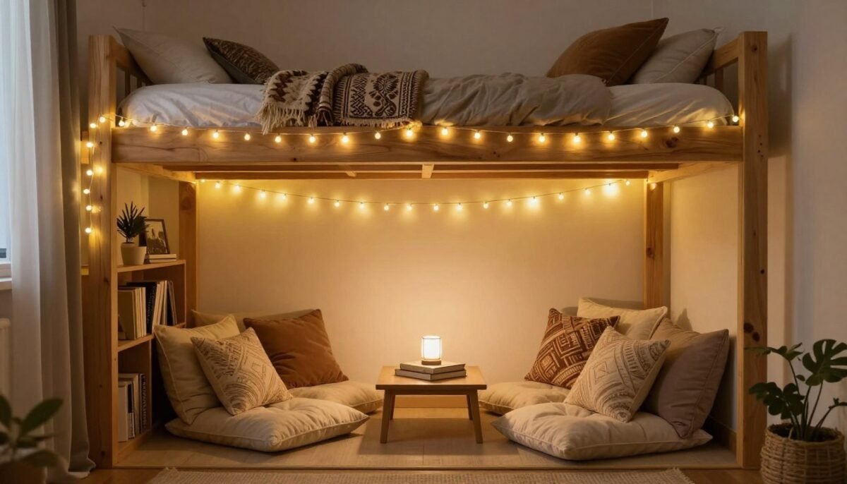 Loft bed with comfortable reading nook featuring cushions and lighting underneath