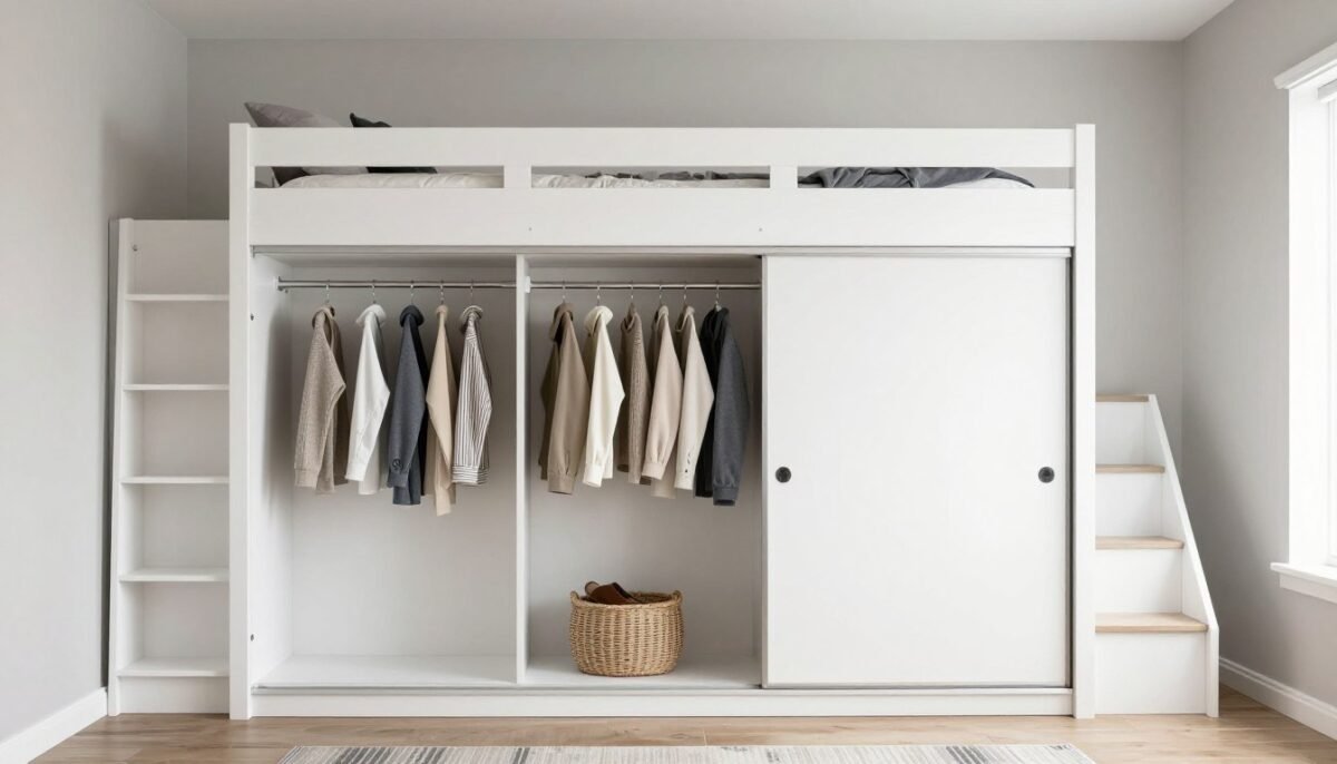 Loft bed with complete wardrobe closet system built into frame below