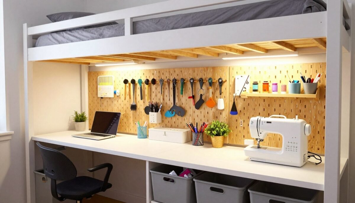 Loft bed with craft workspace featuring large table and supply storage below