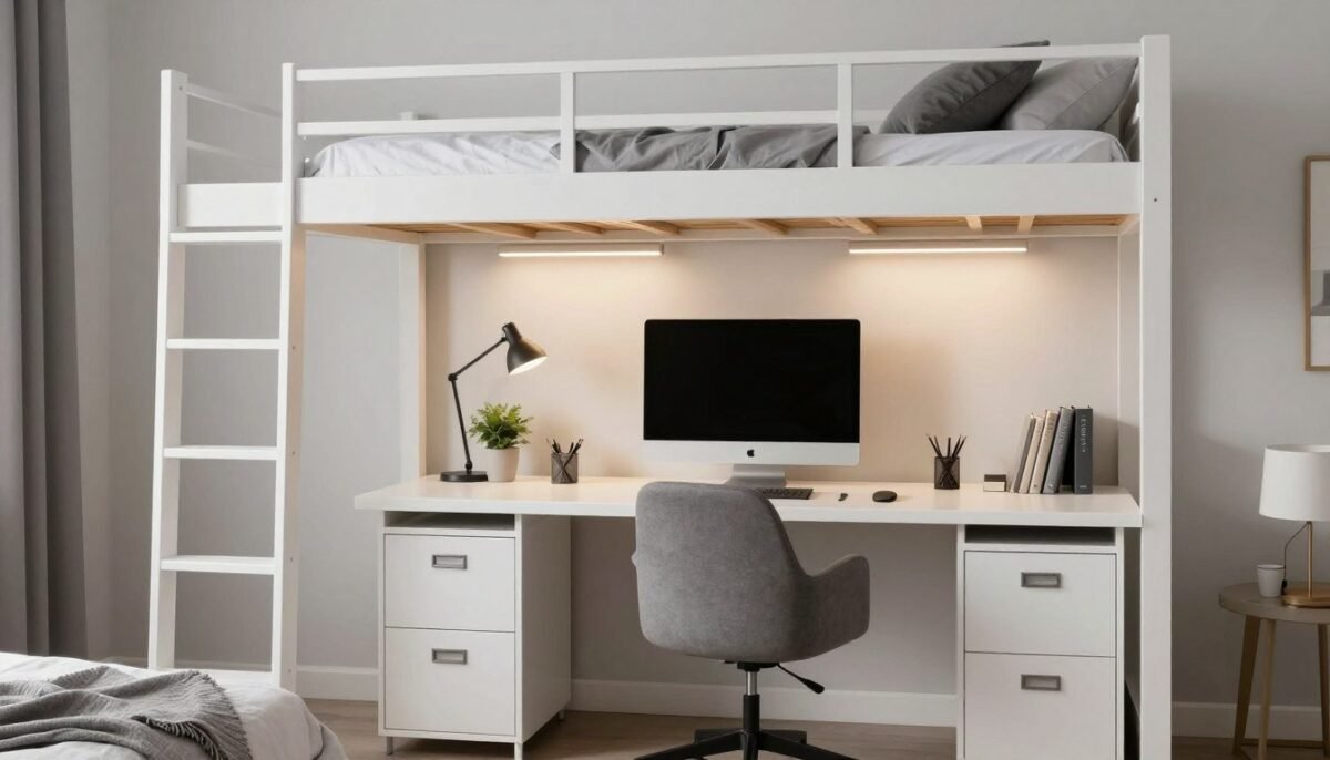 Loft bed with full home office workspace setup below including desk and storage