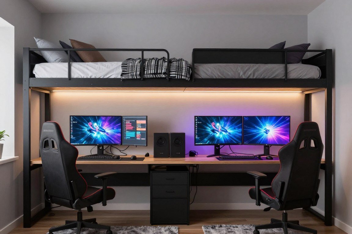 Loft bed with gaming desk setup featuring monitors and LED lighting below
