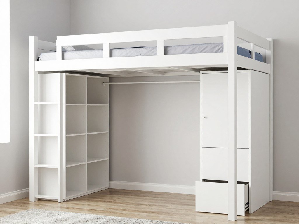 Loft bed with integrated shelving, drawers and closet storage built into frame