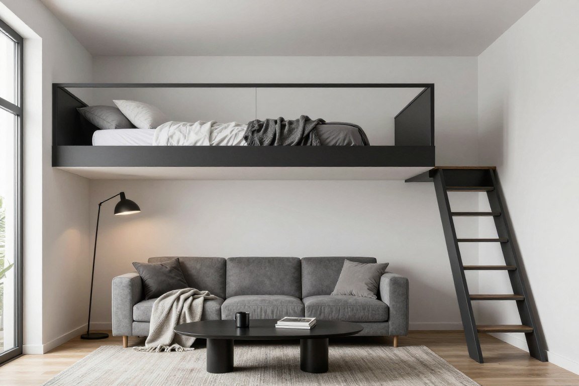 Loft bed with lounge sofa and seating area created underneath frame