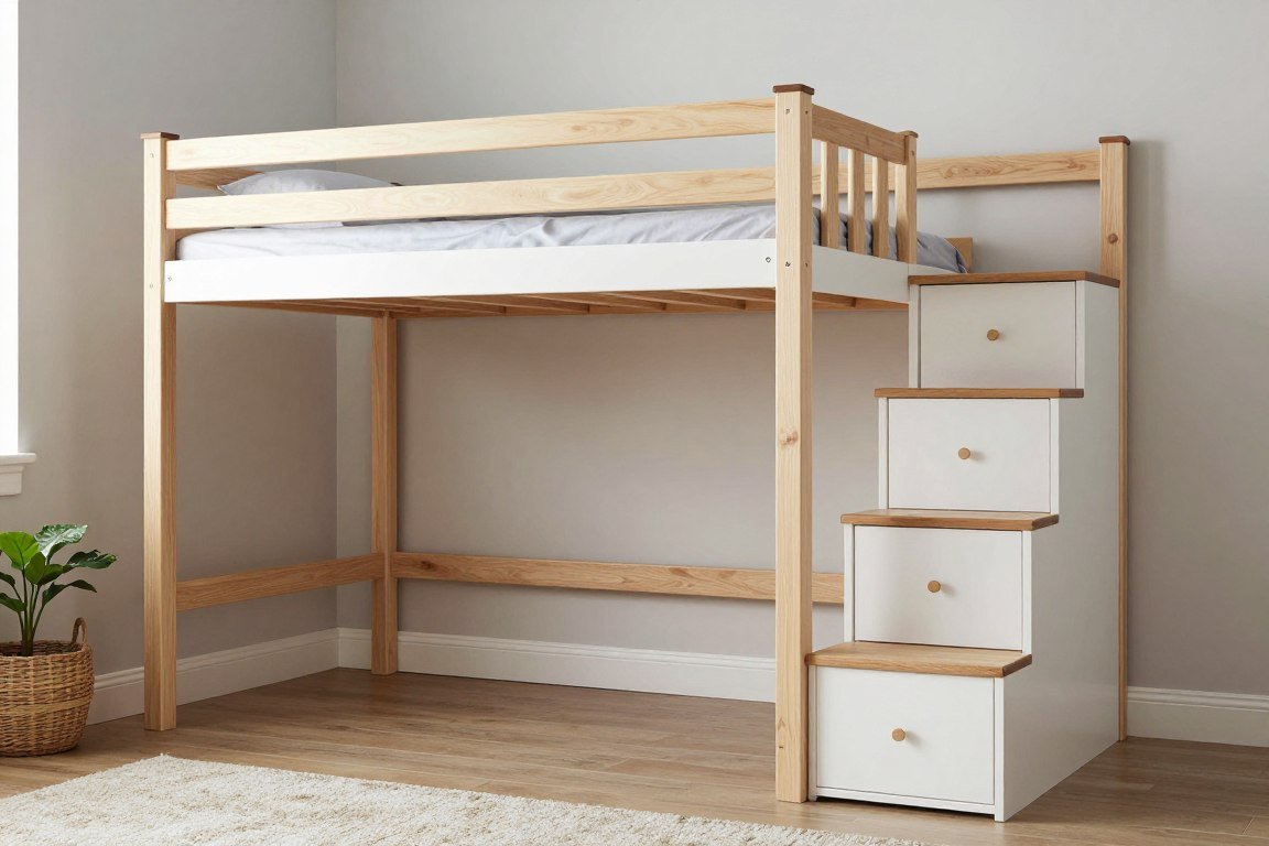 Loft bed with staircase featuring storage drawers in each step