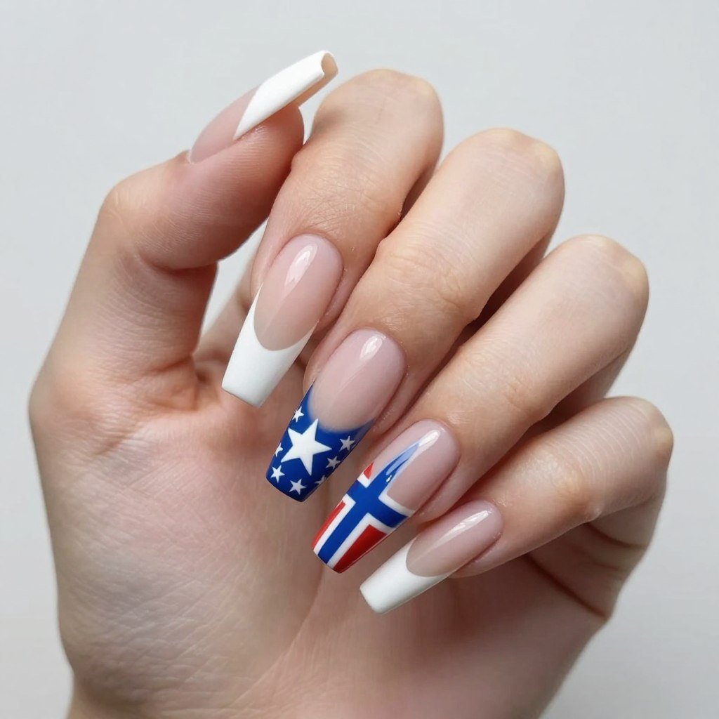 Long French manicure with patriotic nail art on extended nail bed