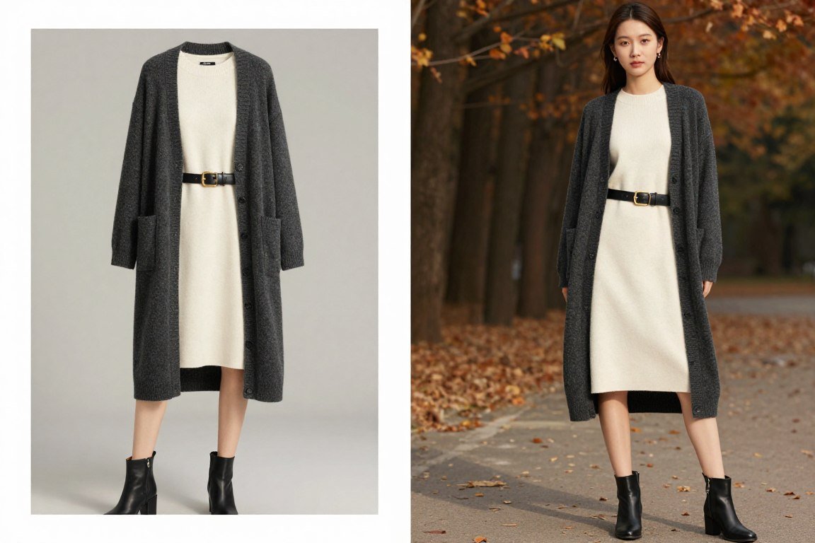 Long cardigan belted over dress with elegant accessories