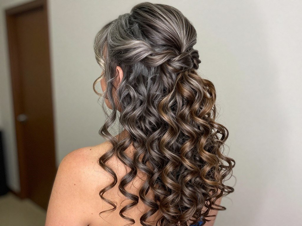 Long curly hair styled half up half down
