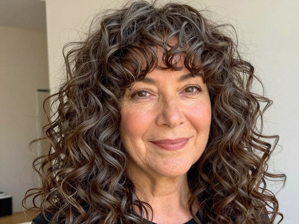 Long curly hair with curly bangs