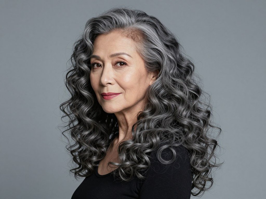 Long curly hair with deep side part