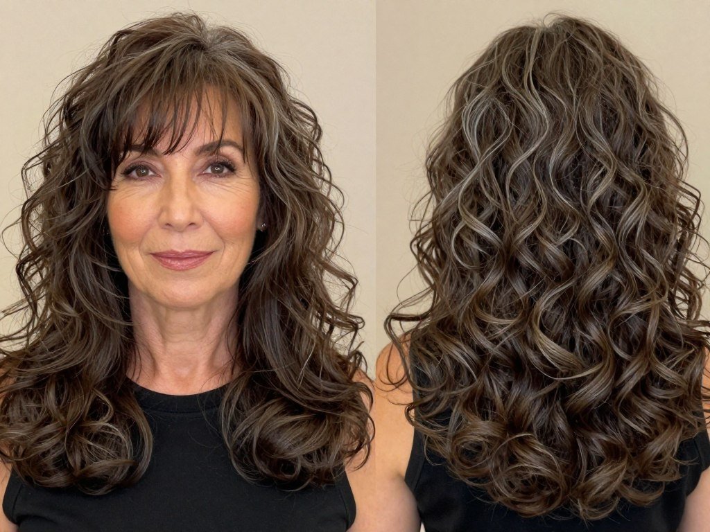 Long curly hair with shorter face-framing layers