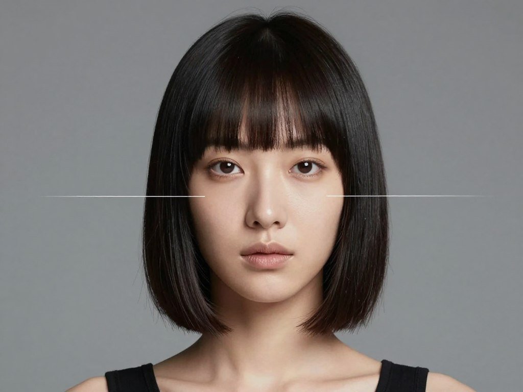 Long face shape with choppy bangs adding horizontal emphasis