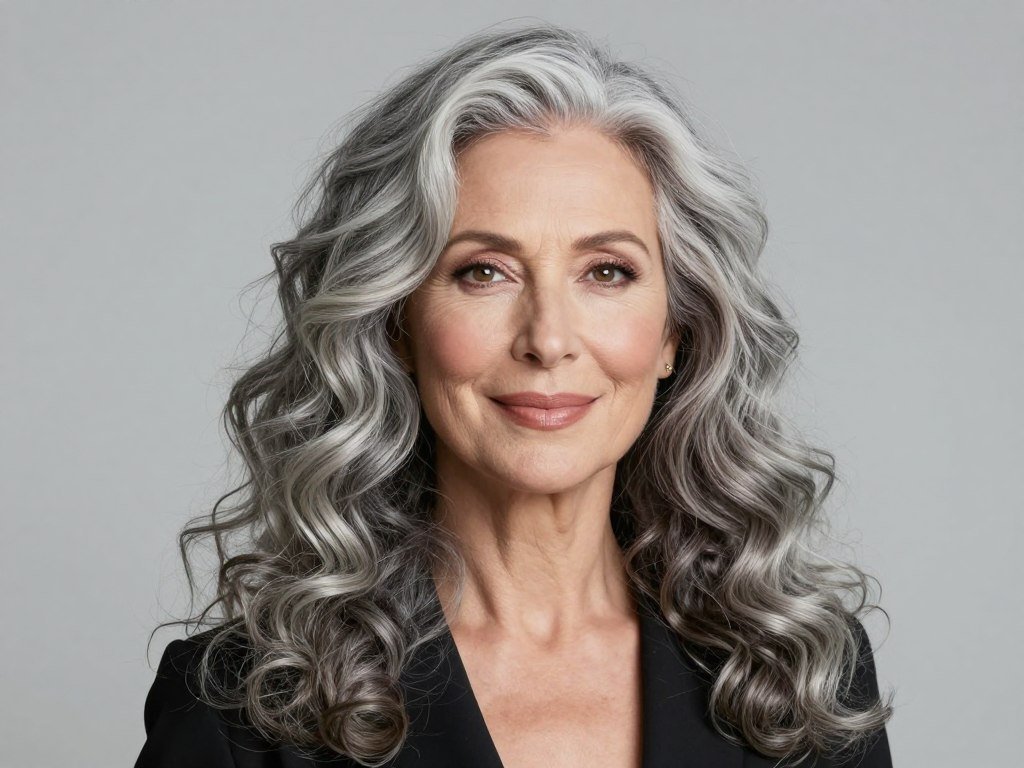 Long fully silver curly hair on mature woman
