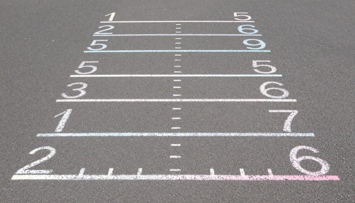 Long jump measurement lines drawn in chalk with distance markers Long jump measurement lines drawn in chalk with distance markers