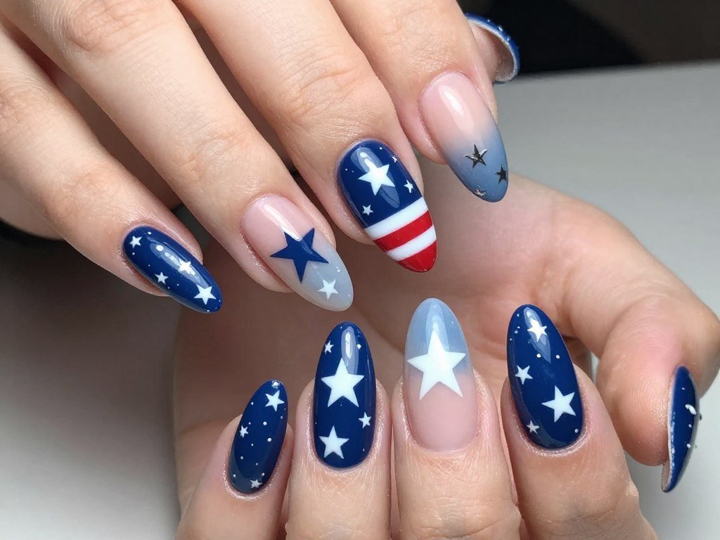 Long nails with cascading star design decreasing in size toward tips