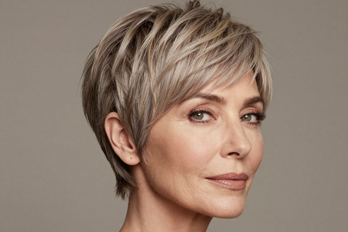 Long pixie cut with side-swept bangs for women over 50