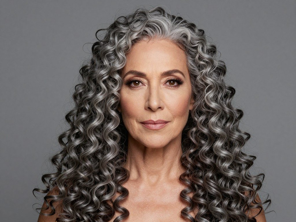 Long spiral curly hair on woman over 60