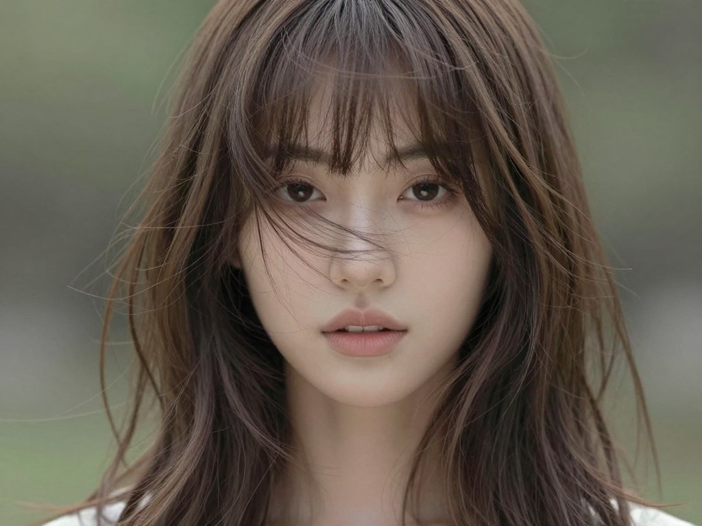 Long wispy bangs grazing eyelashes on medium length hair