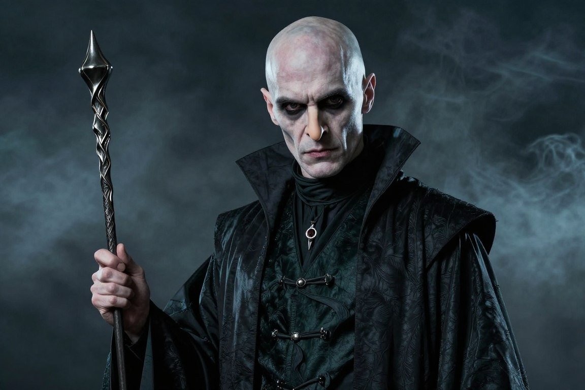 Lord Voldemort DIY costume with bald cap