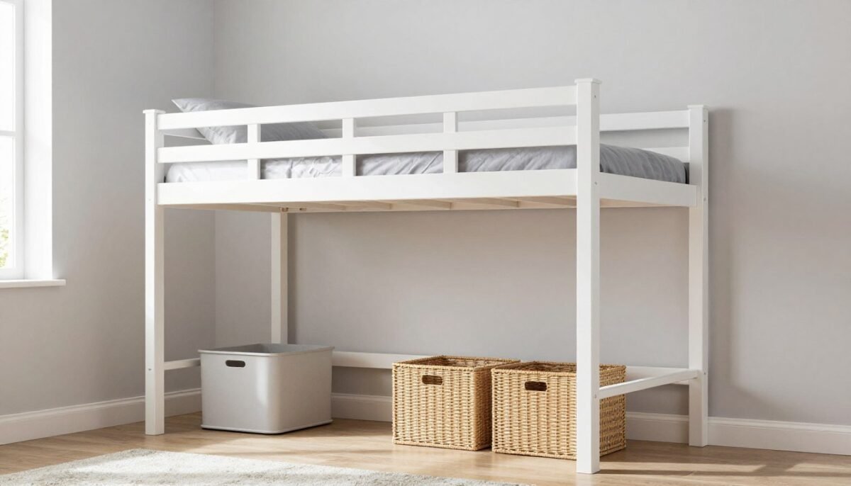 Low height loft bed with storage bins underneath for rooms with low ceilings