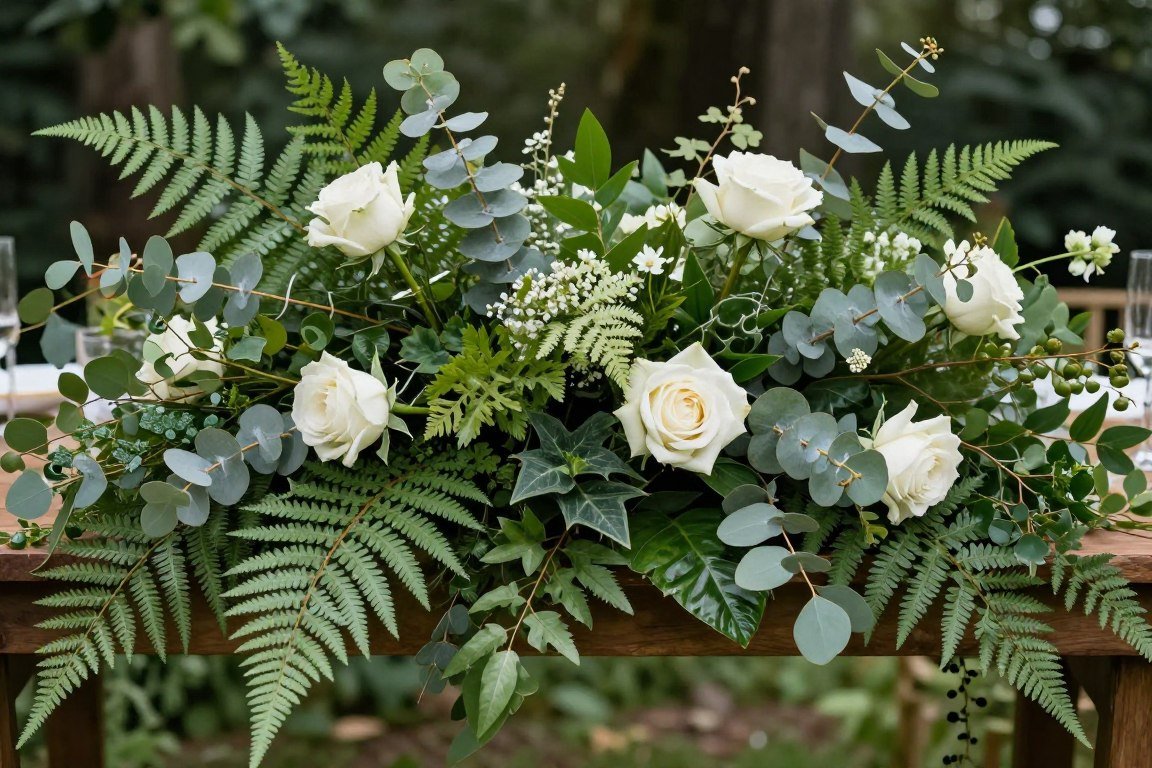 Lush botanical wedding centerpiece with greenery