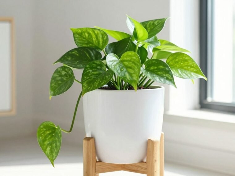 Lush golden pothos plant cascading from decorative pot in bright home interior