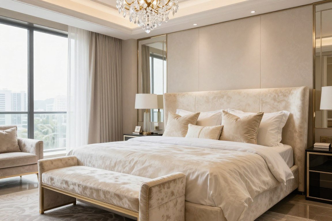 Luxurious cream bedroom with velvet upholstery and pillows