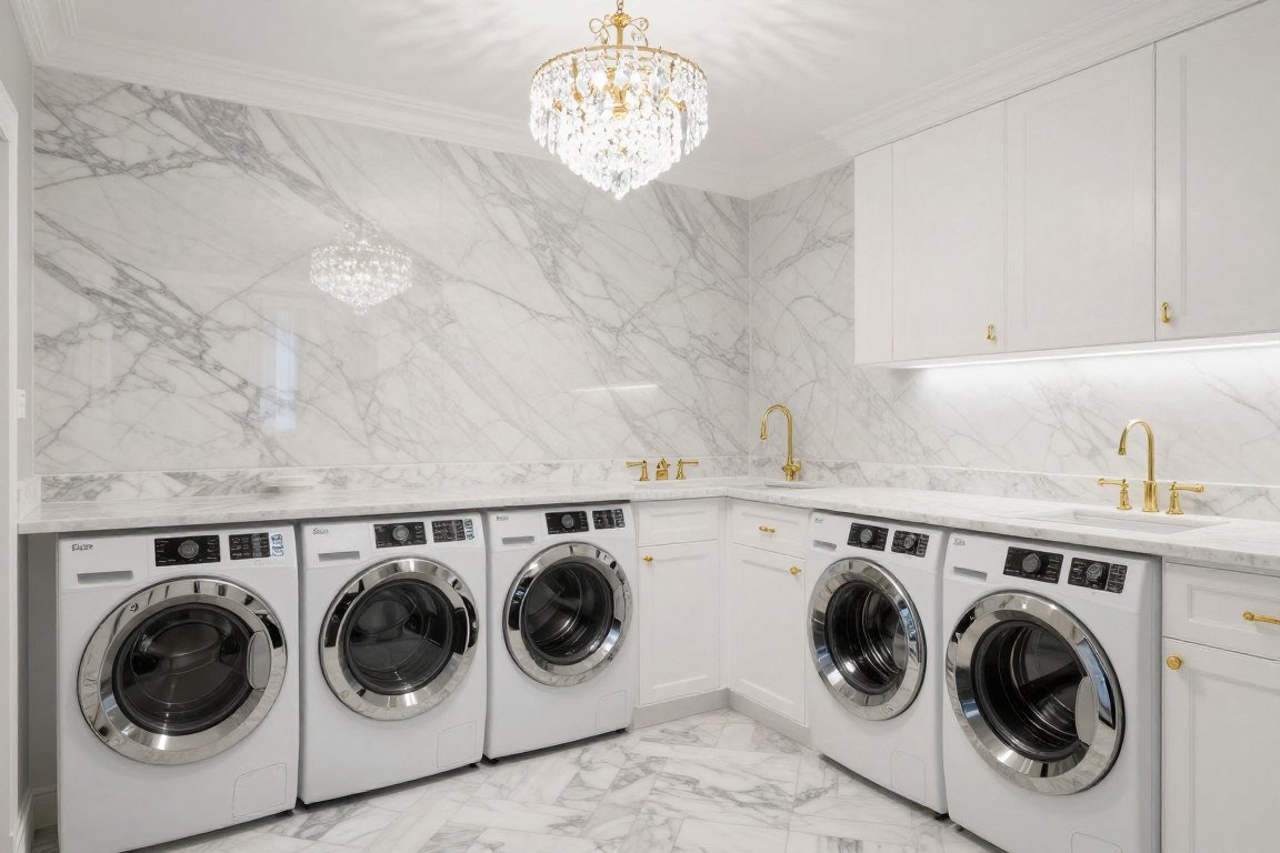 Luxurious laundry room with marble wall accent and elegant fixtures