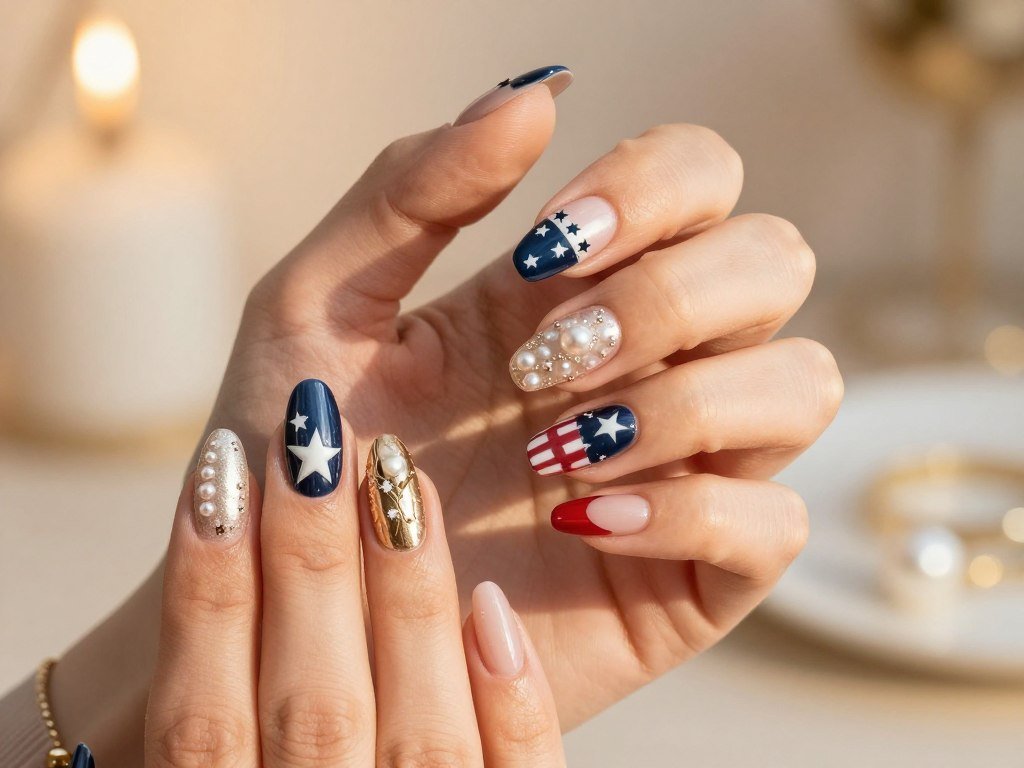 Luxurious metallic gel nail designs mixing shimmer patriotic shades for upscale look