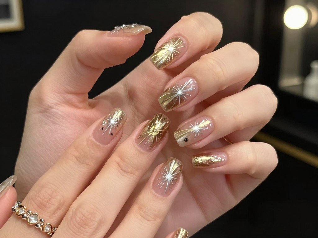 Luxurious metallic starburst gel nail designs perfect for 4th of July evening events