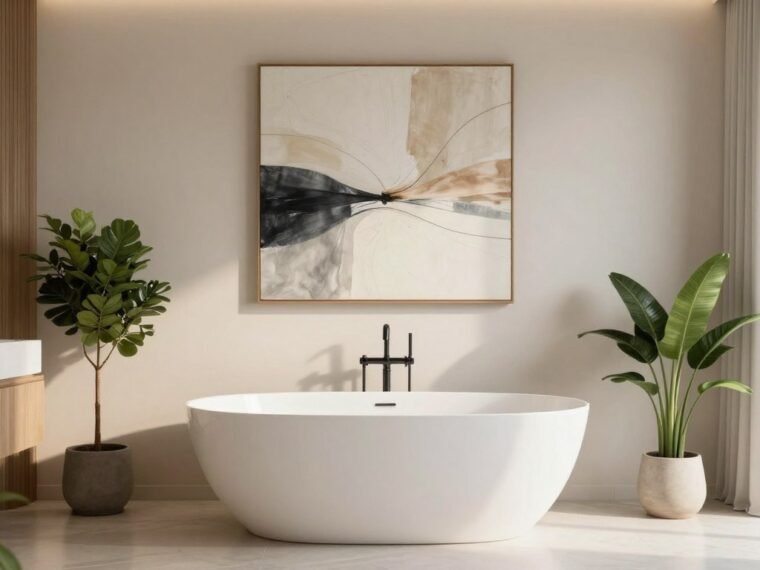 Luxurious spa-like bathroom with calming wall art above freestanding tub