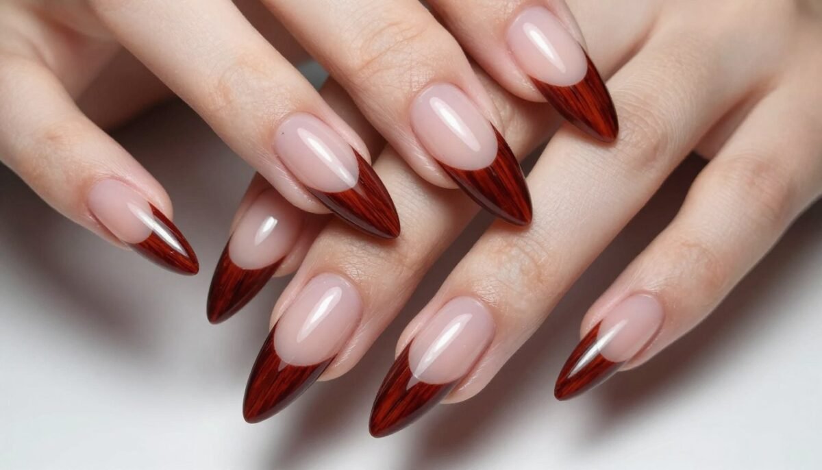Mahogany French tips on stiletto nails with rich reddish-brown shade