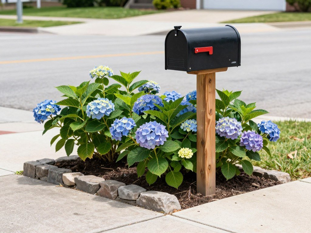 Mailbox surrounded by compact hydrangea plantings