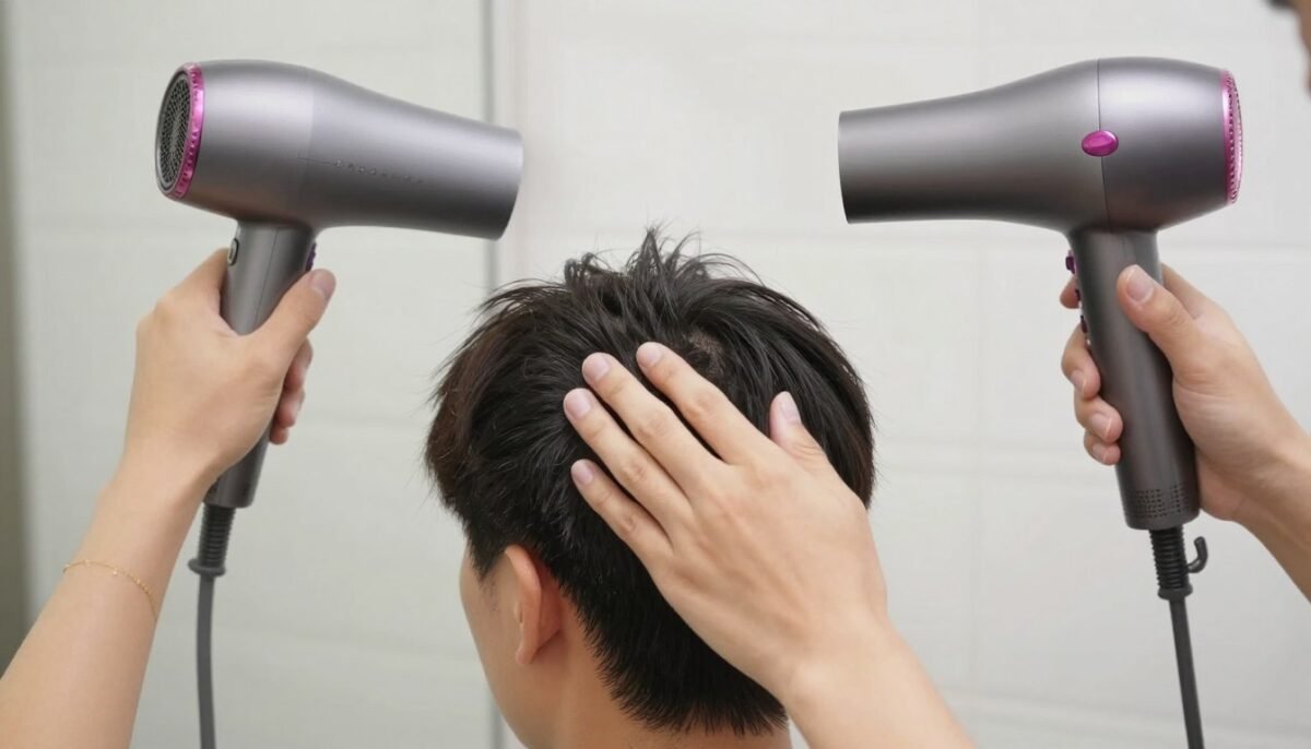 Man blow-drying short hair demonstrating proper technique