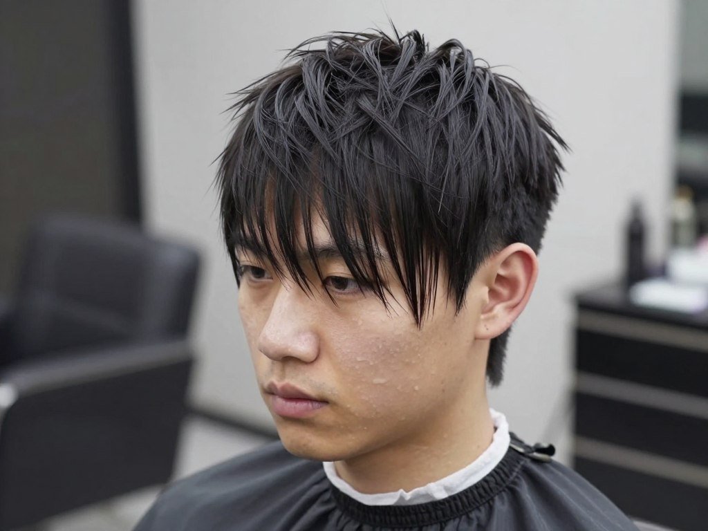 Man with angular fringe showing diagonal cut across forehead