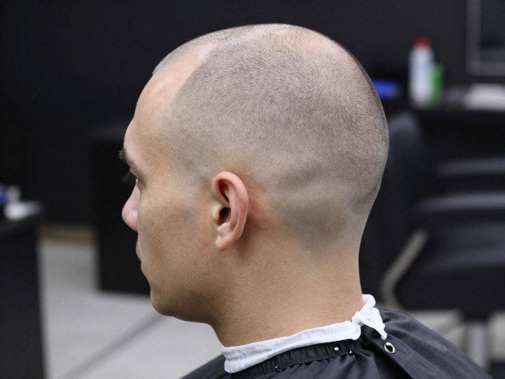 Man with bald fade showing complete fade to skin with sharp line