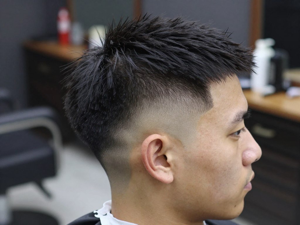 Man with brush cut showing hair standing upright