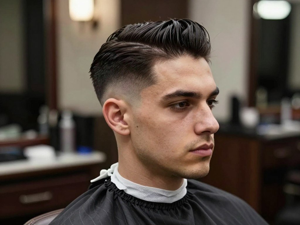 Man with continental crew cut showing swept-back styling