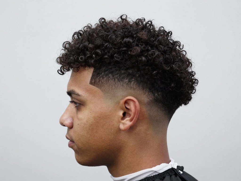 Man with curly fade showing tight curls on top with faded sides