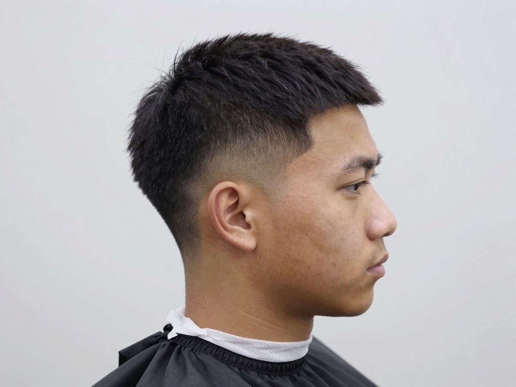 Man with dark Caesar cut showing very short uniform length