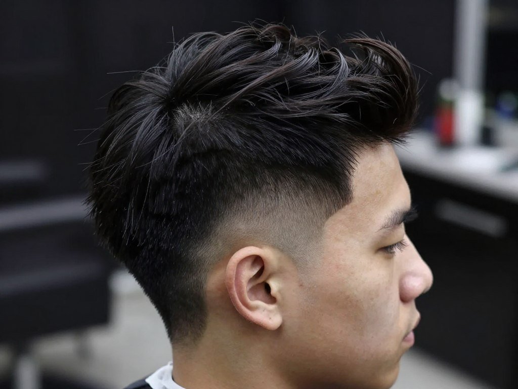 Man with disconnected pompadour showing dramatic contrast between long top and short sides