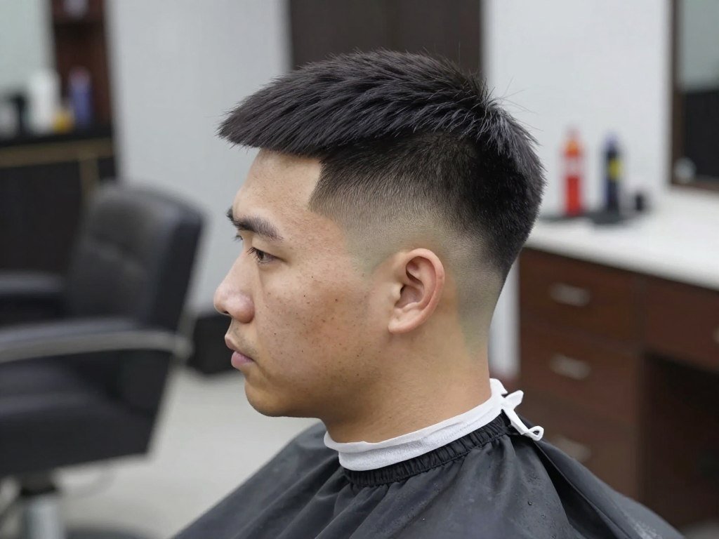 Man with flat top showing hair cut level across top creating flat surface