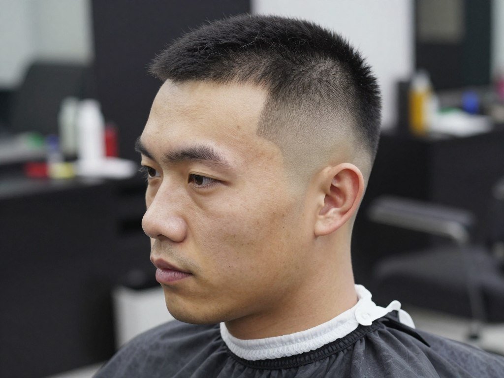 Man with traditional buzz cut showing uniform length all over