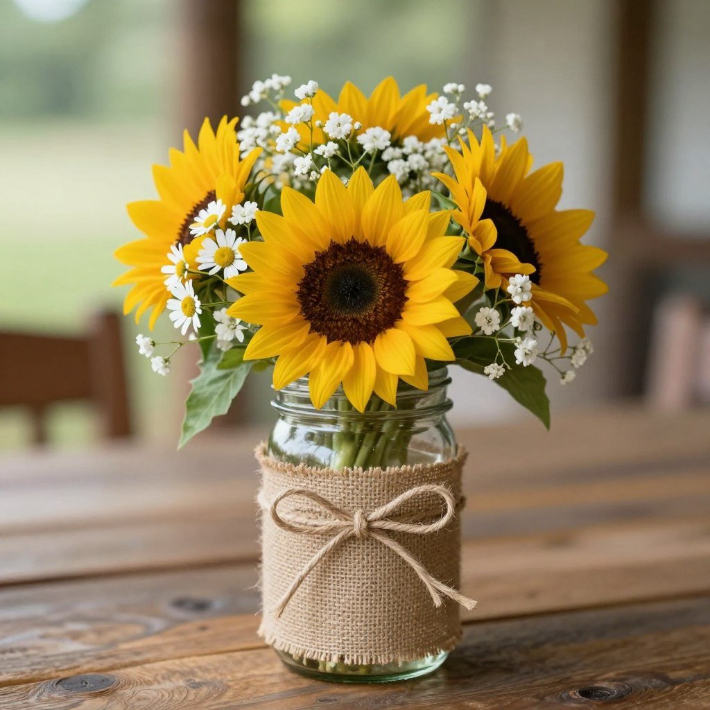 Mason jar filled with wildflowers for rustic wedding