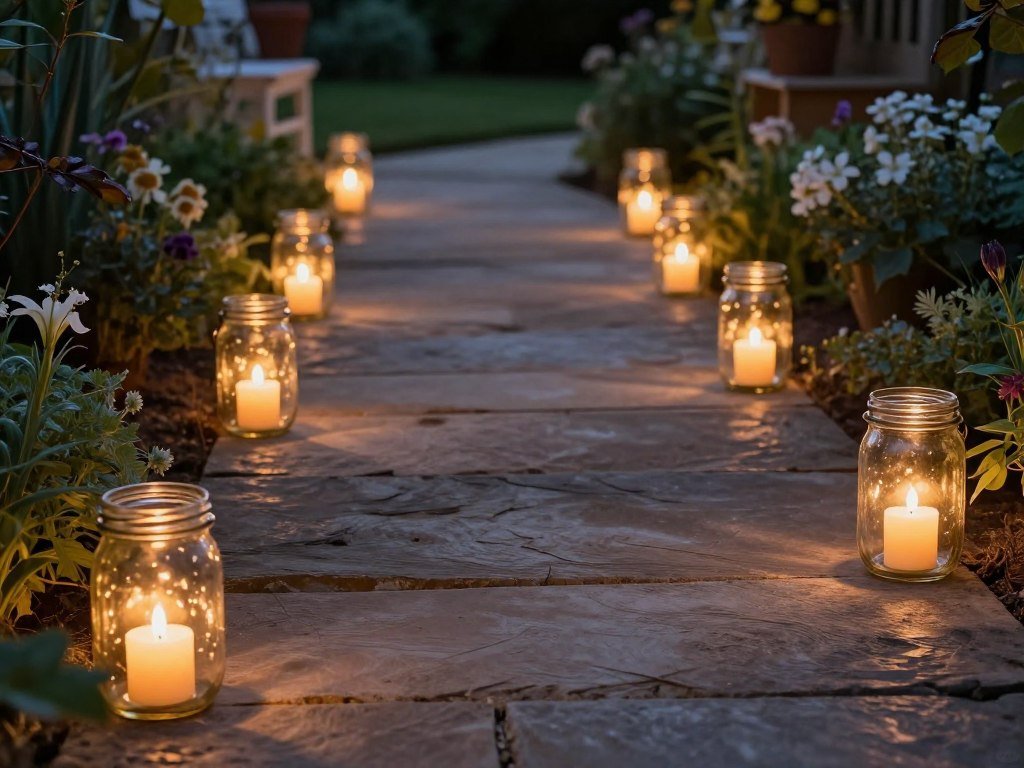 Mason jar lanterns lighting garden pathway