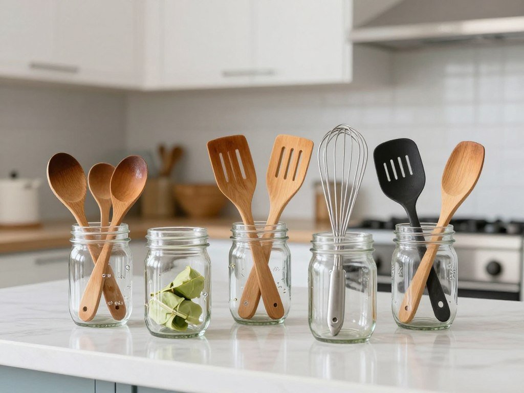 Mason jars holding cooking utensils on kitchen counter