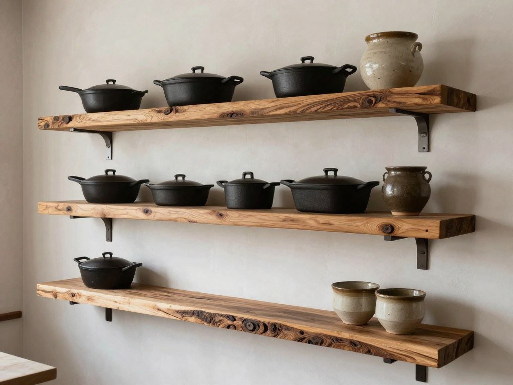 Massive reclaimed wood slab shelves with live edge in rustic kitchen