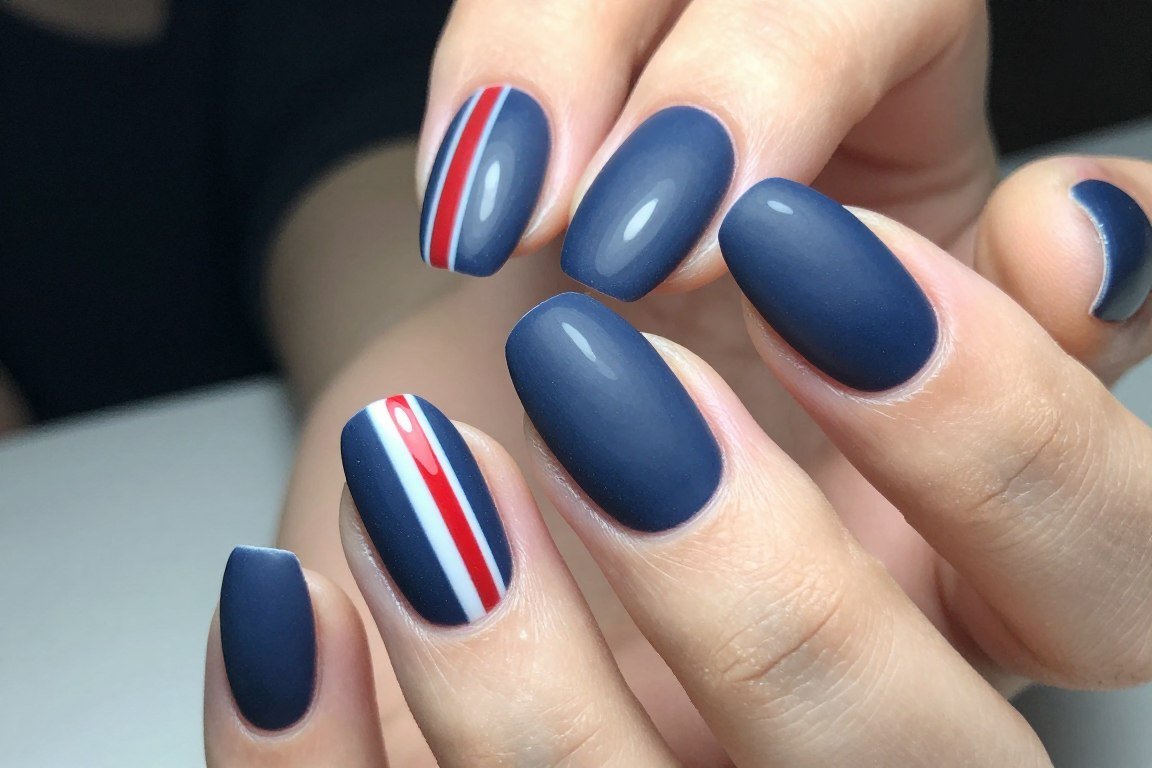 Matte base nail color with glossy stripe details for textural contrast