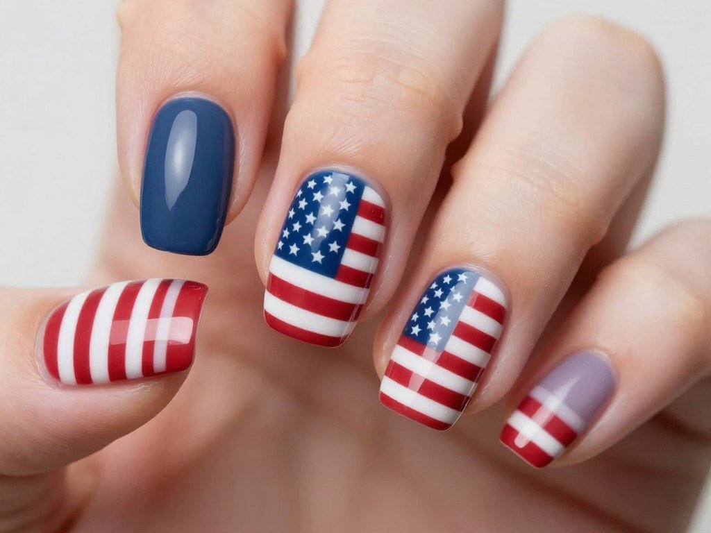 Matte finish American flag nail art with non-glossy sophisticated texture