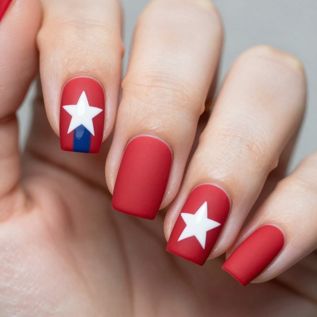 Matte red nails with glossy white star accents showing finish contrast