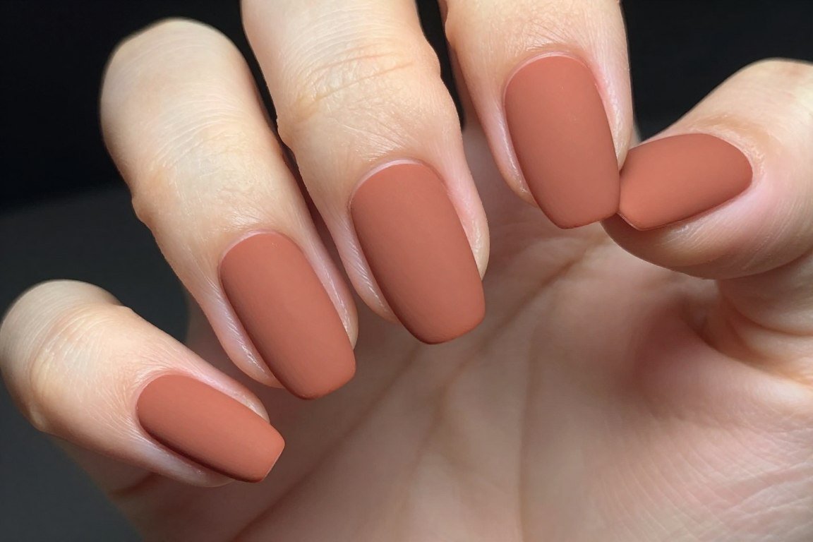 Matte terracotta French tips on almond nails showing flat finish texture